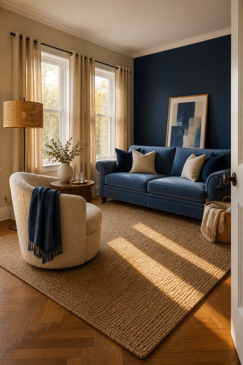 Bright living room with blue accent wall, beige curtains, and comfortable furniture.