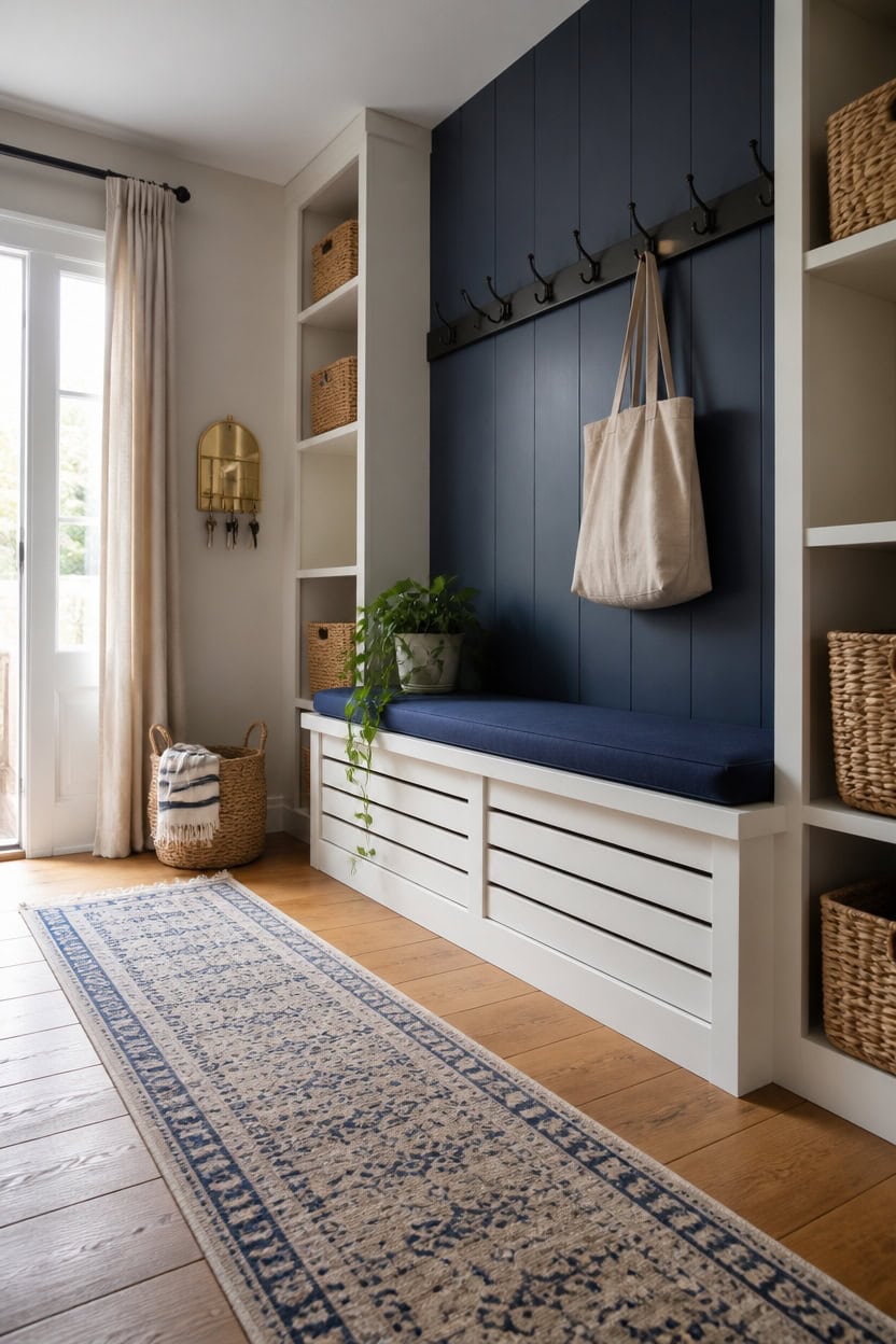 Entryway with built-in storage, navy blue accent wall, and cozy bench for seating and organization.