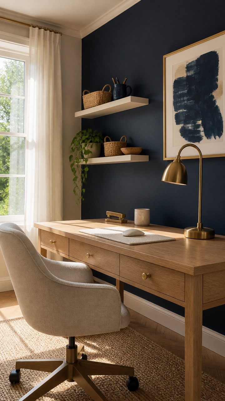 Home office workspace with navy blue wall, wooden desk, and decorative shelves.