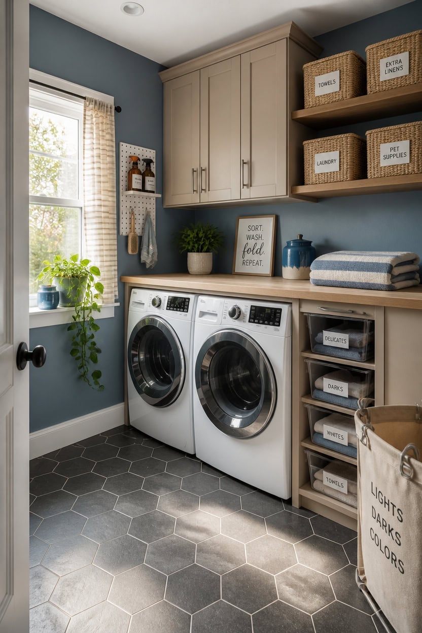 Laundry room with washer, shelves, and storage baskets in a modern apartment.