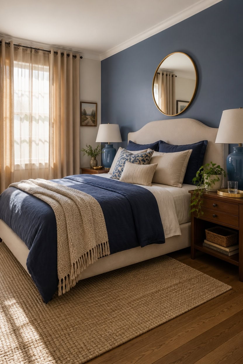Comfortable bedroom with blue accent wall, beige curtains, and stylish decor.
