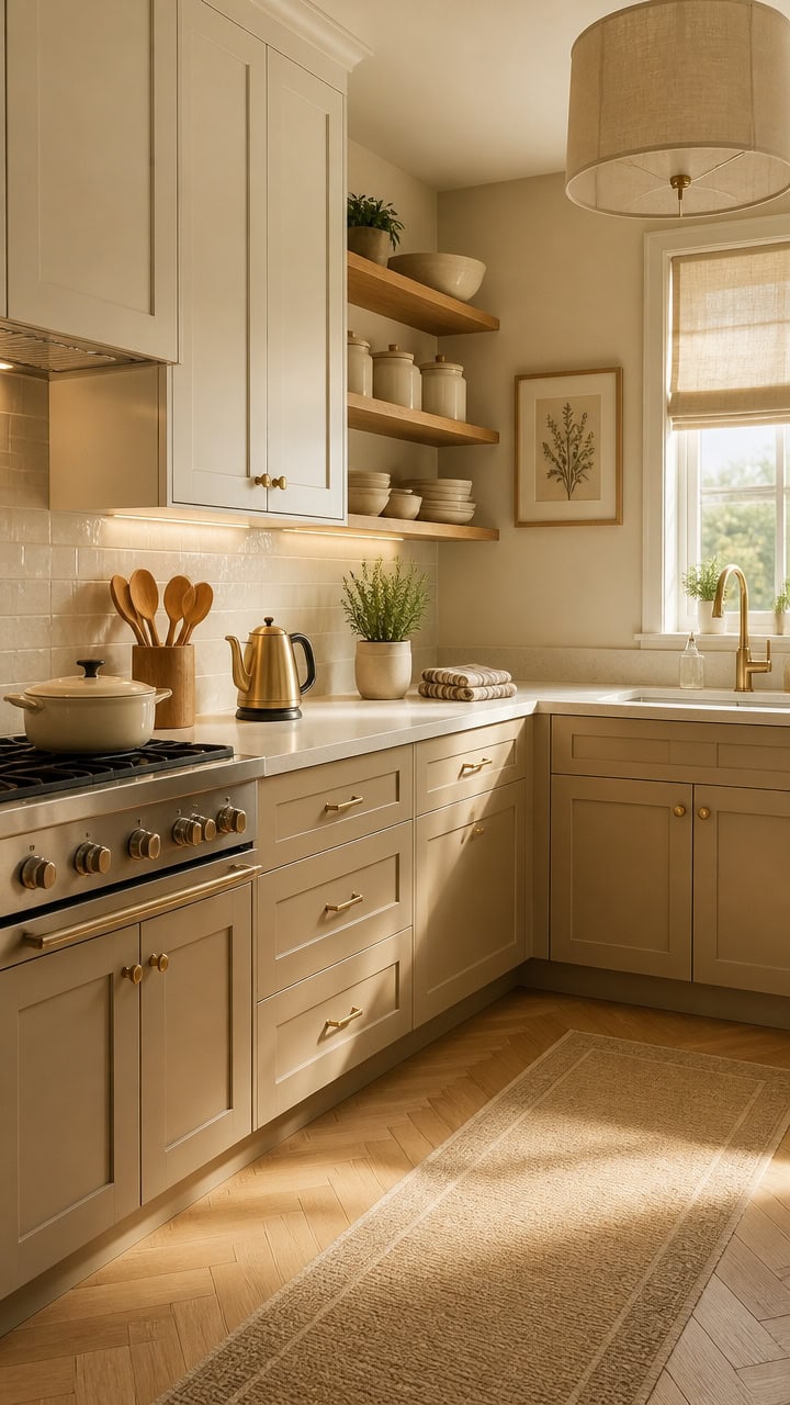 Bright and inviting kitchen featuring white cabinetry, open wooden shelves, and a large window with natural sunlight.