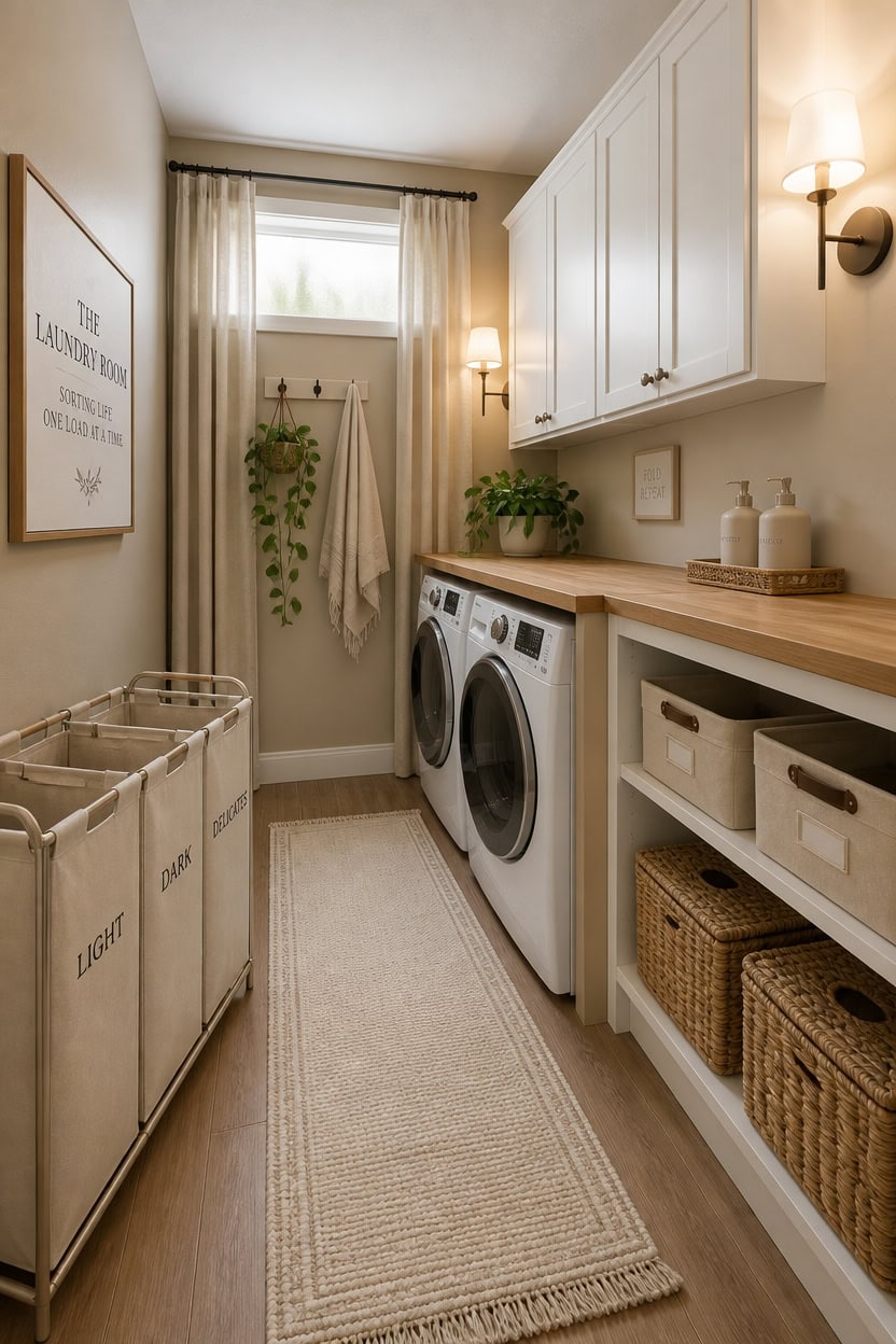 Bright laundry room featuring a washer and dryer, ample storage cabinets, and natural light from a nearby window.