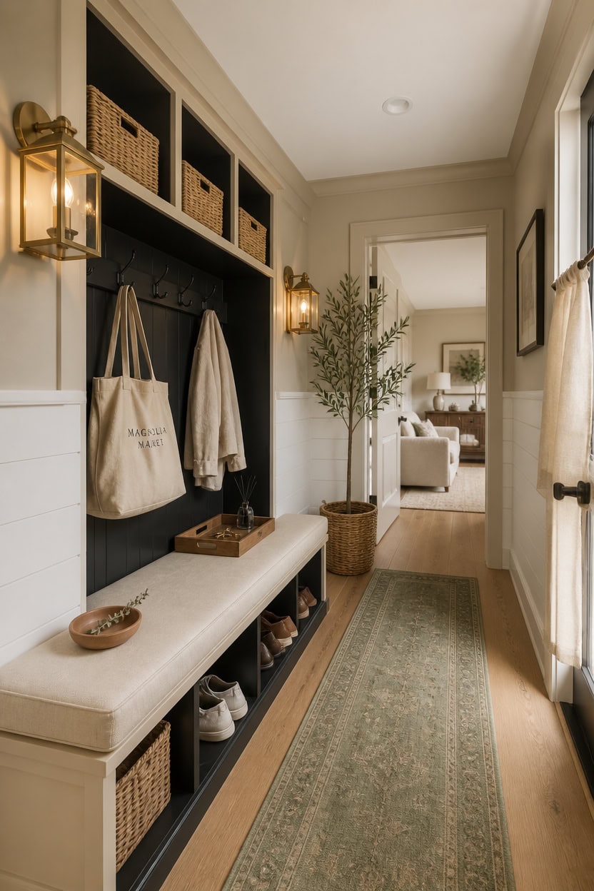 Bright entryway with built-in storage, hanging hooks, and decorative accents in a modern apartment.