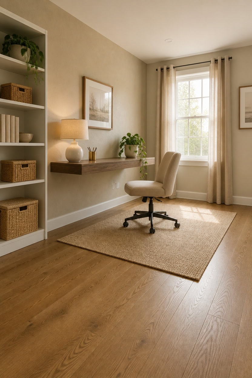 Bright home office with a large window, beige walls, and minimalist decor for a comfortable workspace.