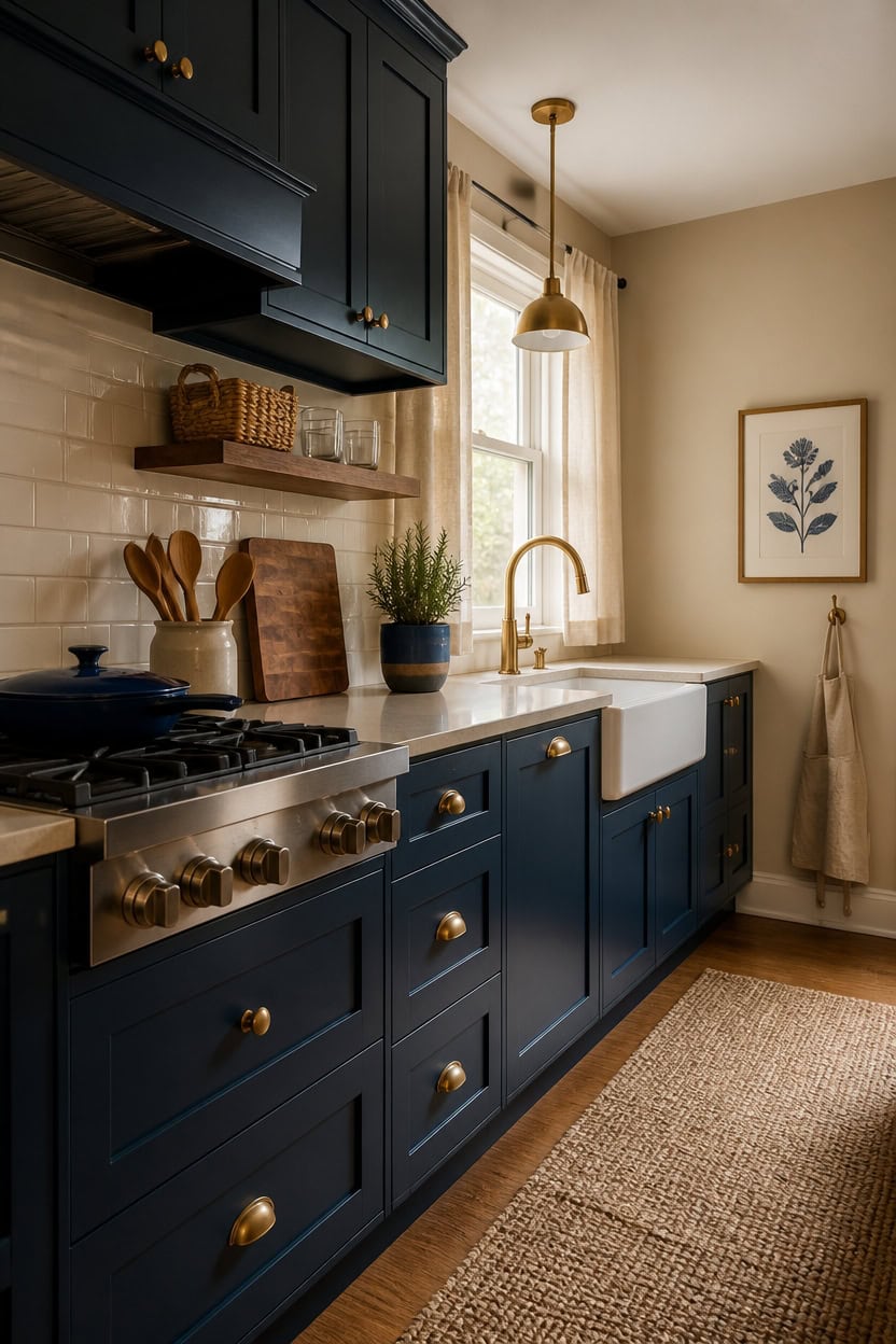 Modern kitchen featuring navy blue cabinets, white subway tile backsplash, and farmhouse sink.