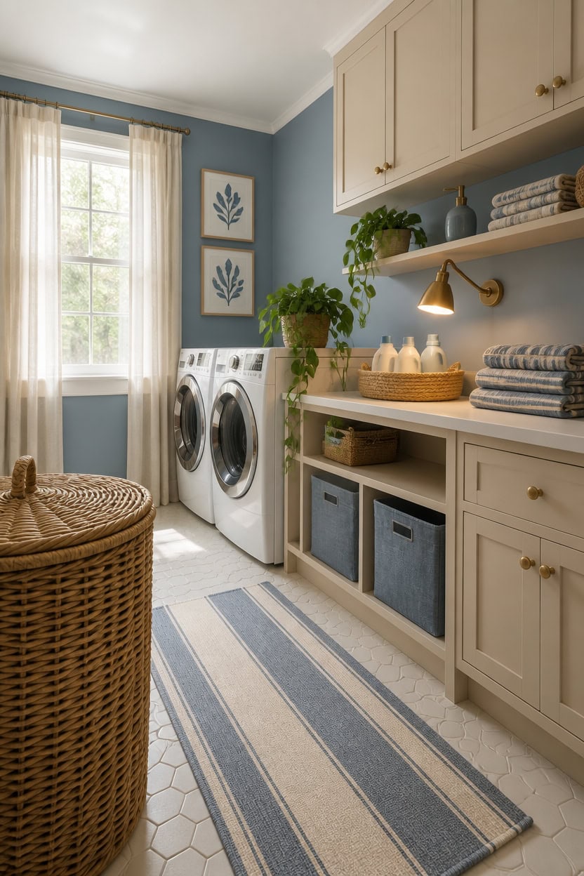 Bright laundry room with washer and dryer, built-in cabinets, shelves, and decorative accents in a m.