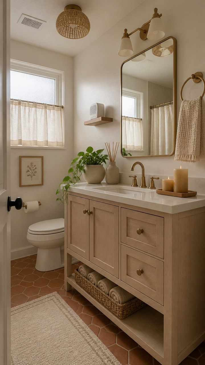 Bright bathroom featuring a vanity with a mirror, potted plant, and candles, illuminated by natural light from two windows.