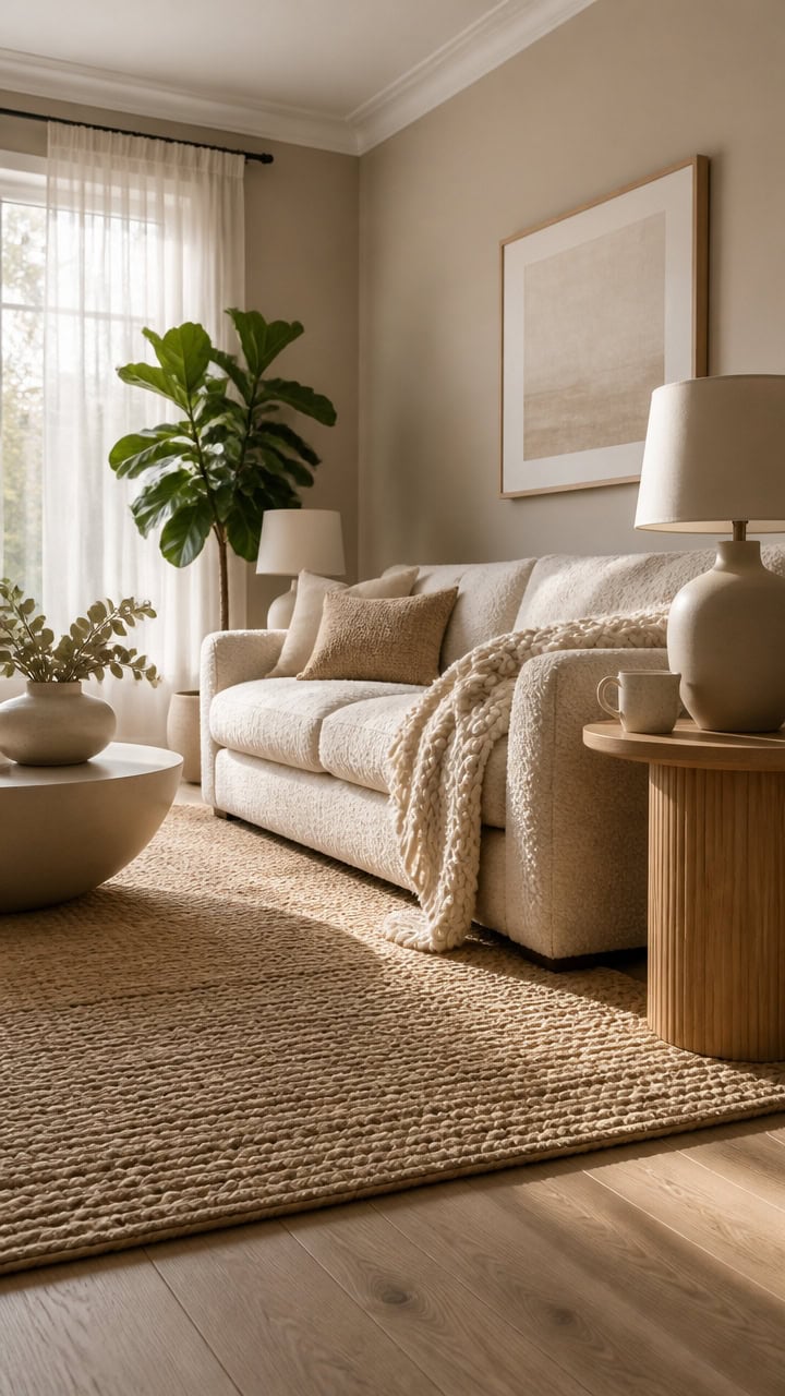 Bright and inviting living room featuring a plush sofa, large window with sheer curtains, and elegant decor for a comfortable.