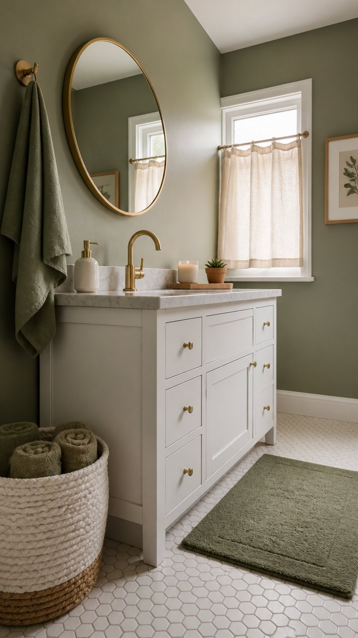 Bright bathroom featuring a white vanity with gold fixtures, a round mirror, and a window with beige.