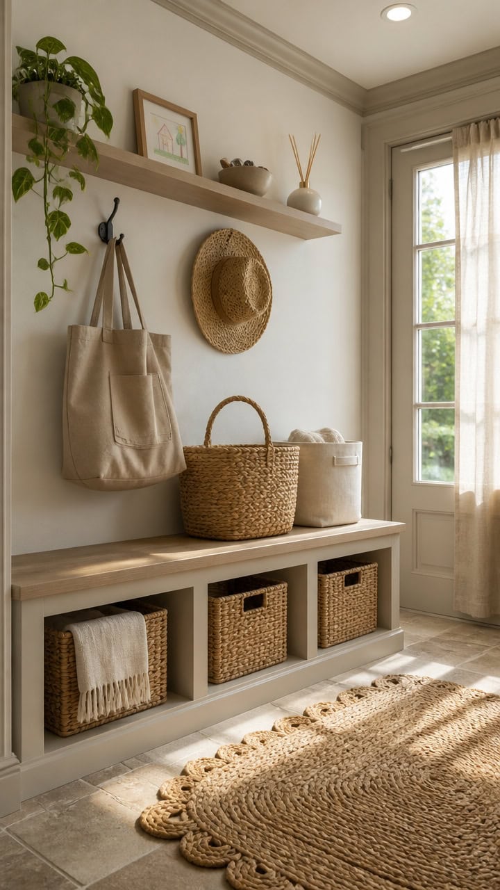 Bright and inviting entryway with natural decor, wicker baskets, and sunlight streaming through large windows.