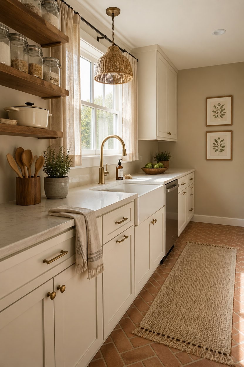 Bright kitchen with white cabinets, open wooden shelves, and a large window letting in natural sunli.