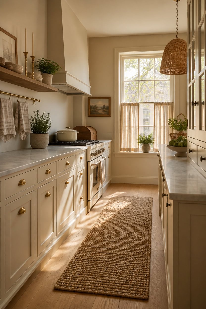 Cozy kitchen featuring white cabinetry, a large window with curtains, and warm natural sunlight. Per.