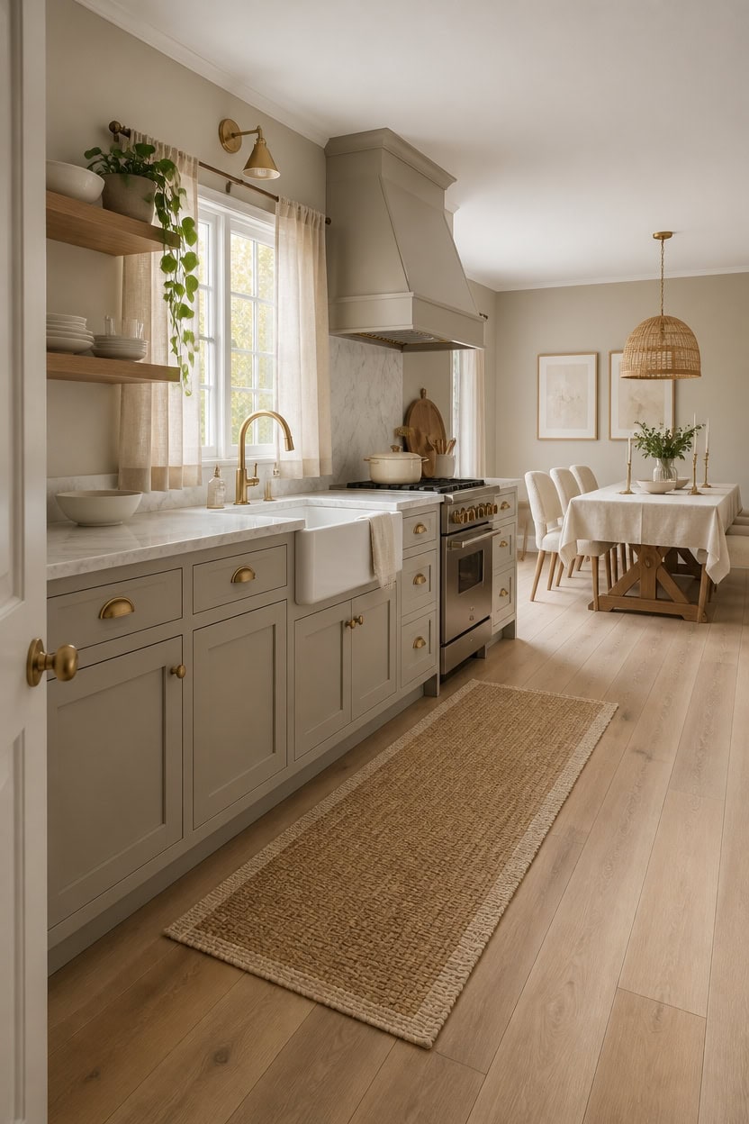 Bright and inviting kitchen featuring white cabinetry, open shelving, and a large window with sheer.
