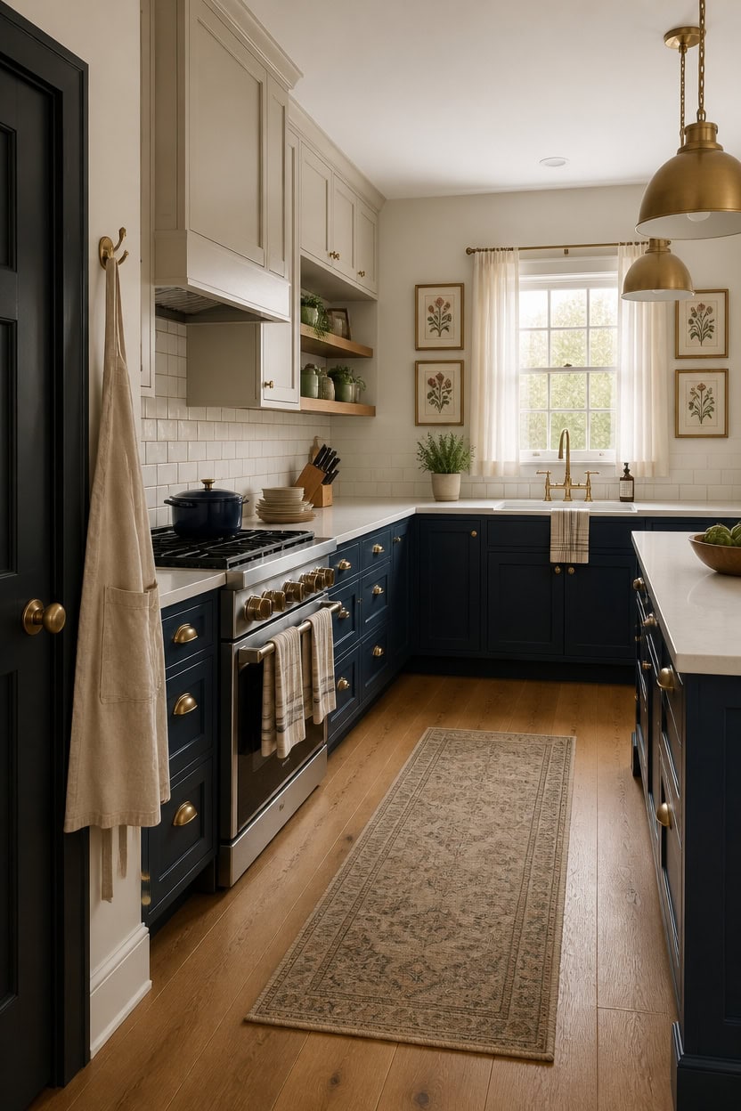 Bright kitchen featuring navy blue cabinets, white walls, and natural sunlight from a window.