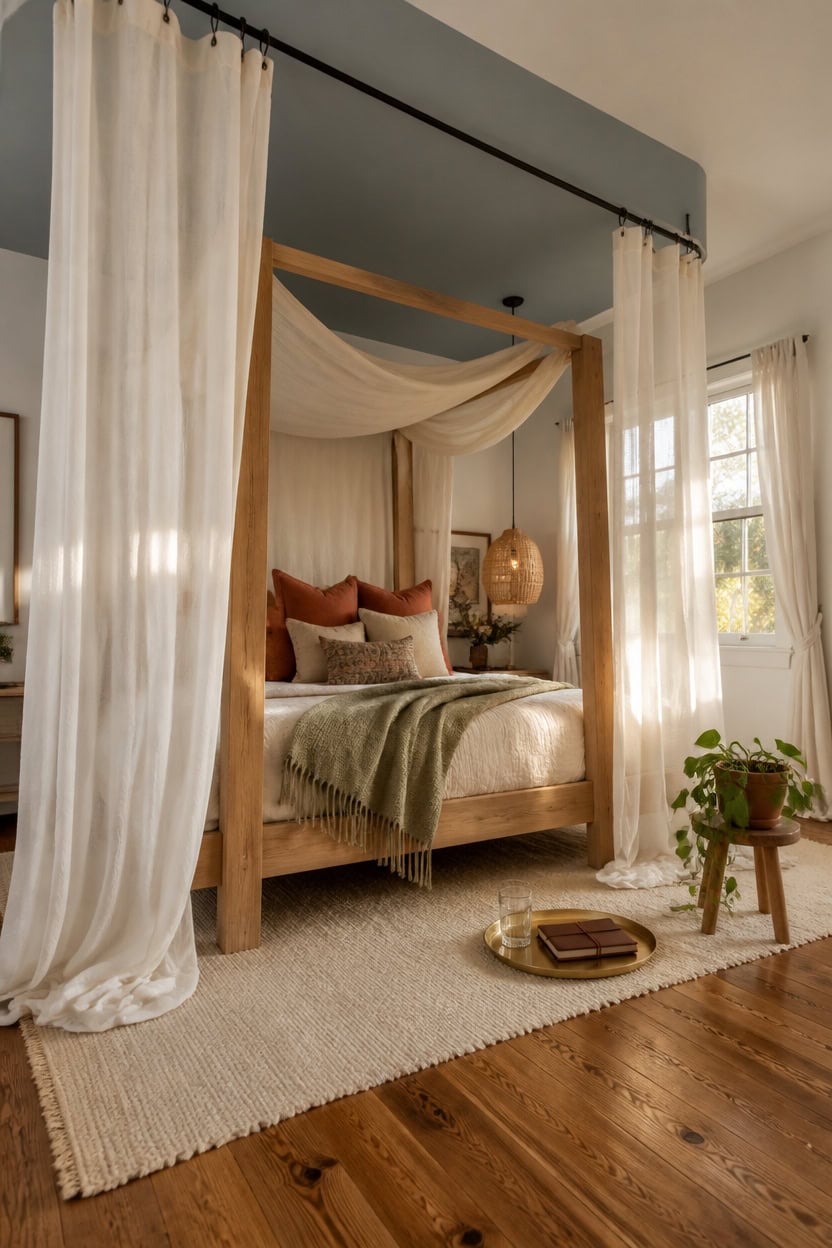 Canopy bed with flowing white curtains in a bright, airy bedroom. Soft bedding, decorative pillows,.