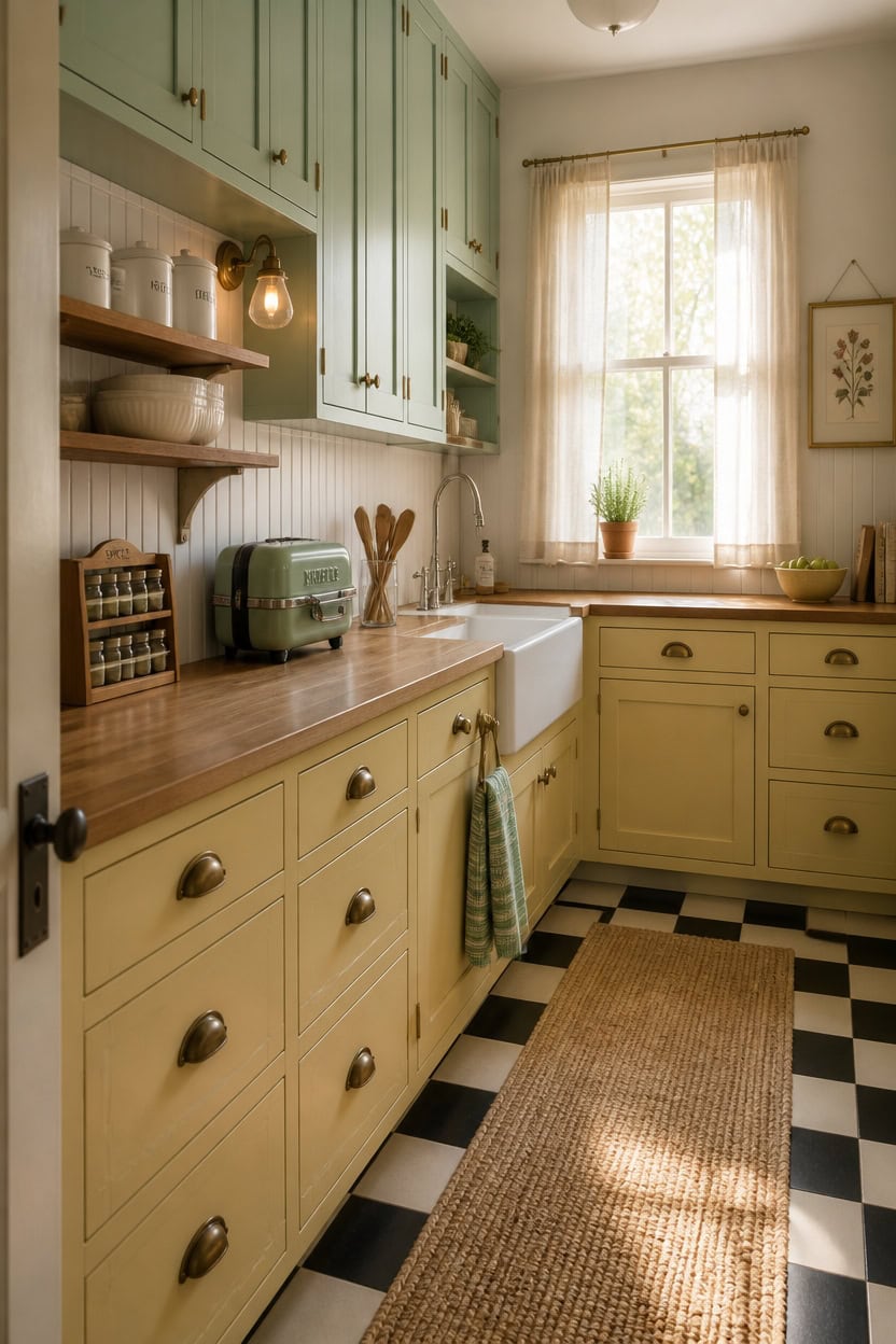 Bright vintage kitchen with pastel green cabinets, farmhouse sink, and black-and-white checkered flo.