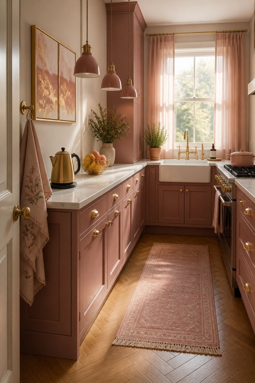 Bright pink kitchen with large window, white marble countertop, and elegant decor. Perfect for cozy.