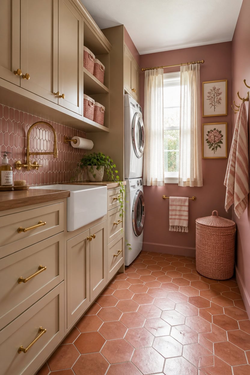 Bright laundry room featuring a stacked washer and dryer, pink tiled backsplash, and elegant decor.