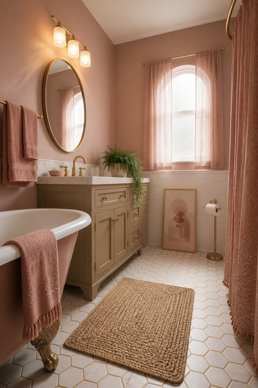 Cozy pink-themed bathroom with vintage vanity, round mirror, and natural light.