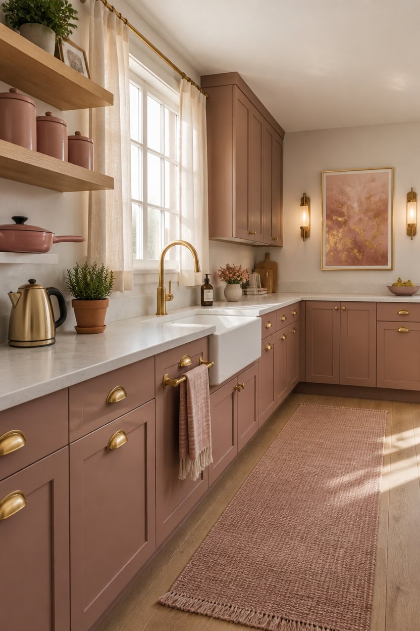 Bright modern kitchen featuring pink cabinetry, white countertops, and gold hardware. Sunlit space w.