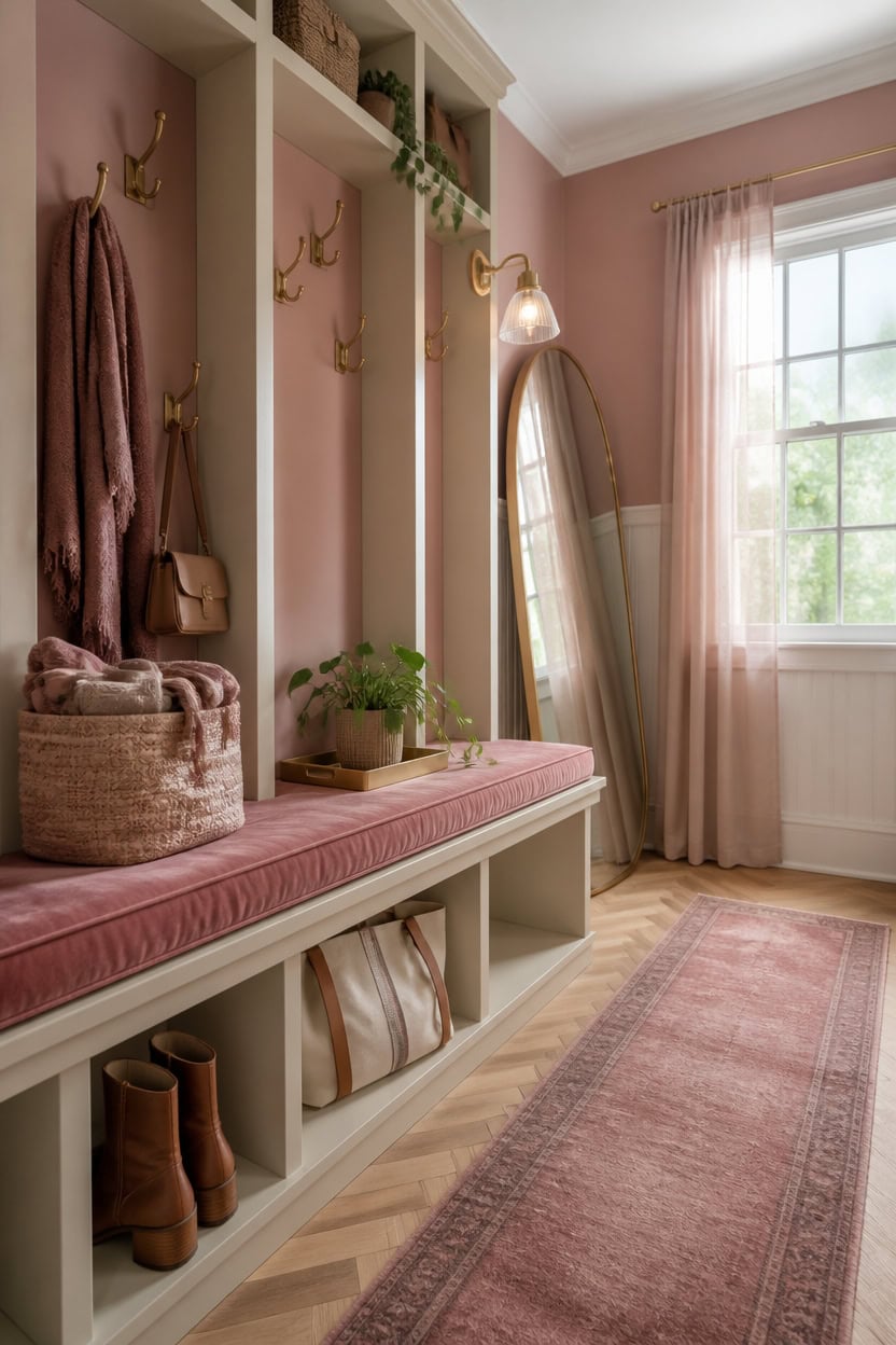 Entryway with pink walls, hooks, and a cushioned bench for storage and seating.