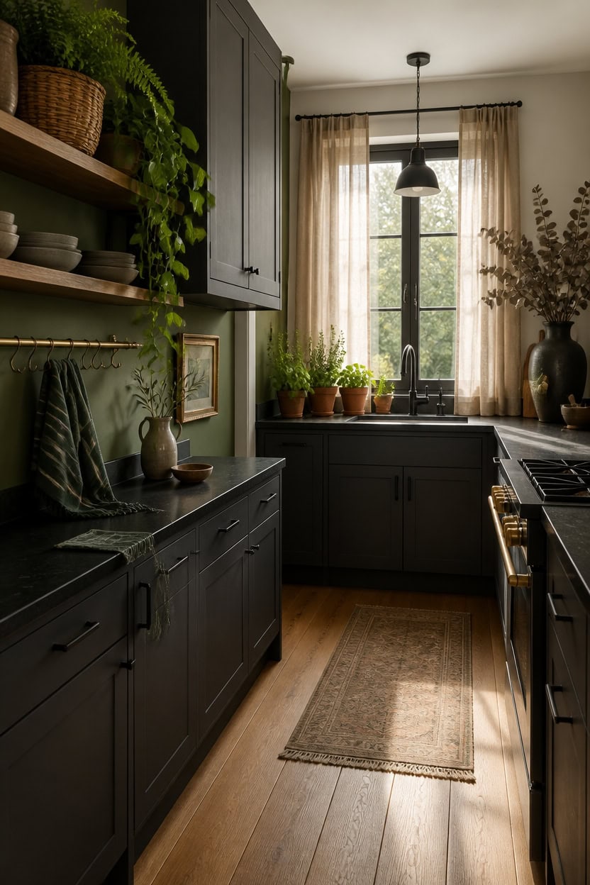 charcoal kitchen with greenery