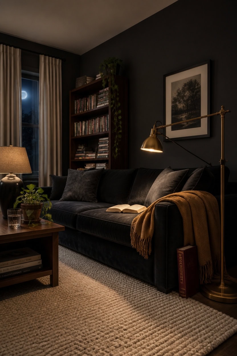 charcoal lit cozy reading nook