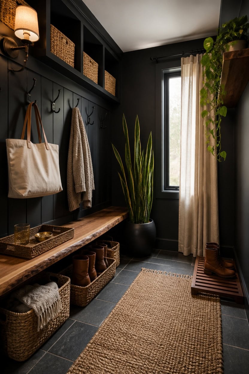 charcoal mudroom with greenery