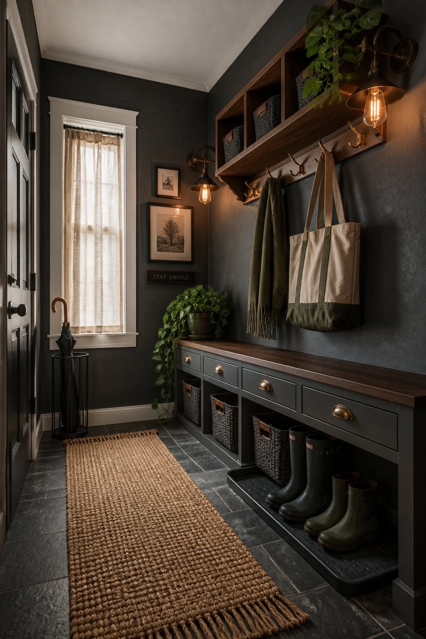 charcoal mudroom with warmth