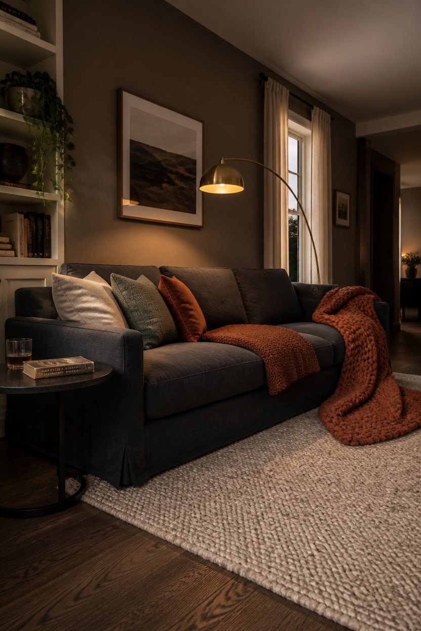 charcoal sofa layered textures