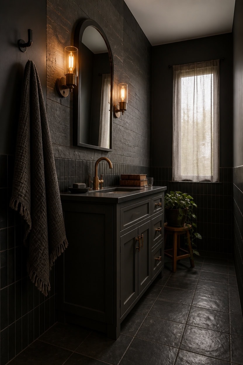 Stylish bathroom featuring dark tiles, a vanity with a mirror, and warm lighting fixtures for a cozy ambiance.