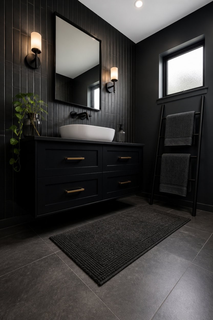 Stylish black bathroom with vessel sink, wall mirror, and modern lighting, featuring dark walls and sleek decor.
