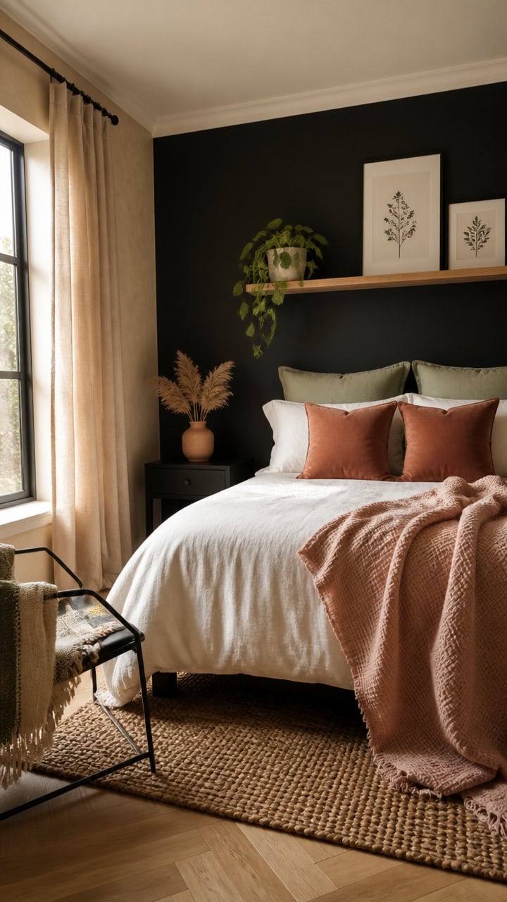 Cozy bedroom featuring a comfortable bed with green and rust pillows, a black accent wall, and natur.