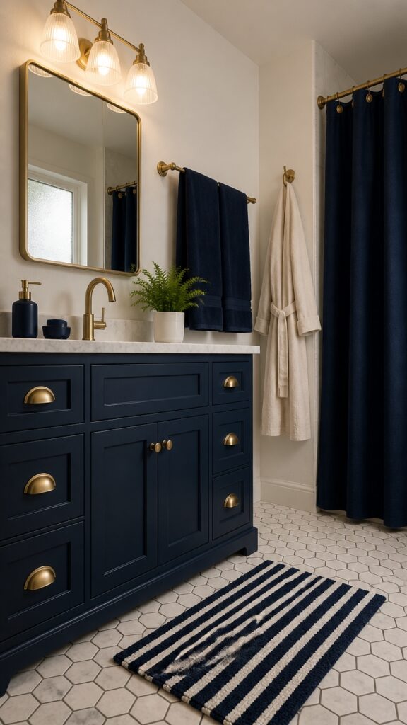 Why Women Who Have It All Together Are Obsessed With Navy Blue & Burnished Brass Bathroom Aesthetics