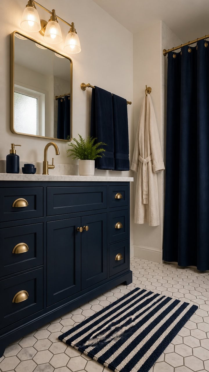 Elegant navy bathroom vanity with gold fixtures, mirror, and coordinated curtains for a chic, contemporary look.