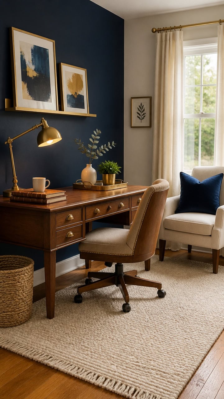 chic navy blue brass office