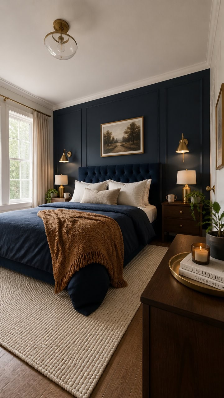 chic navy brass bedroom retreat