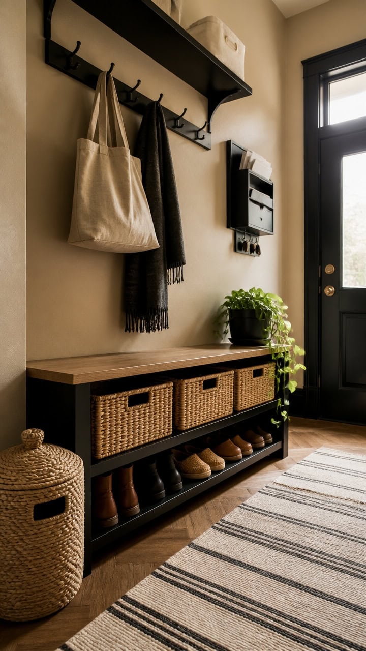 Entryway with wall hooks, baskets, and a shoe rack in a modern apartment.