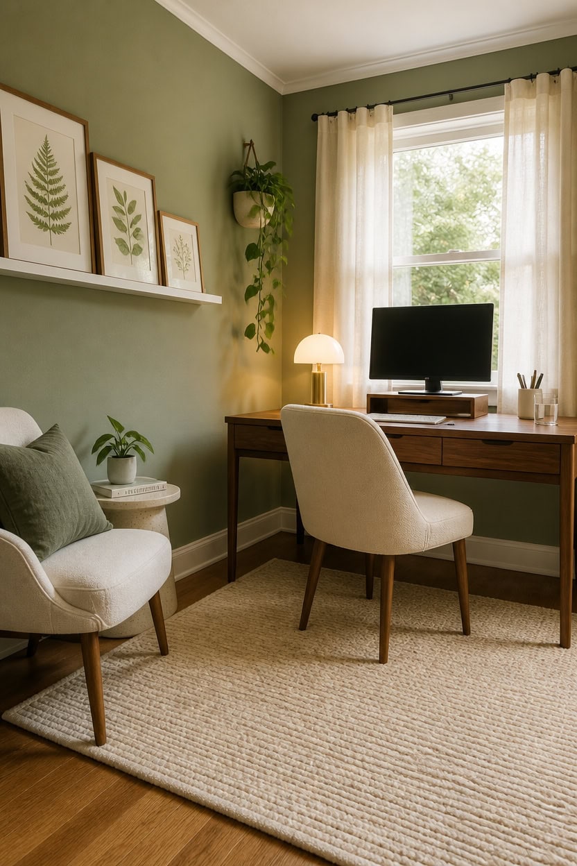 Bright home office with green accent wall, desk, chair, and large window letting in natural light.