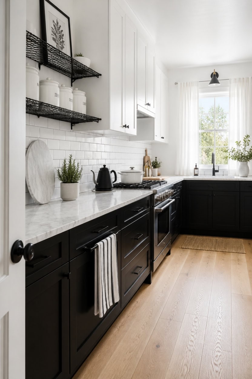 Bright kitchen with black lower cabinets, white upper cabinets, and natural sunlight from large wind.