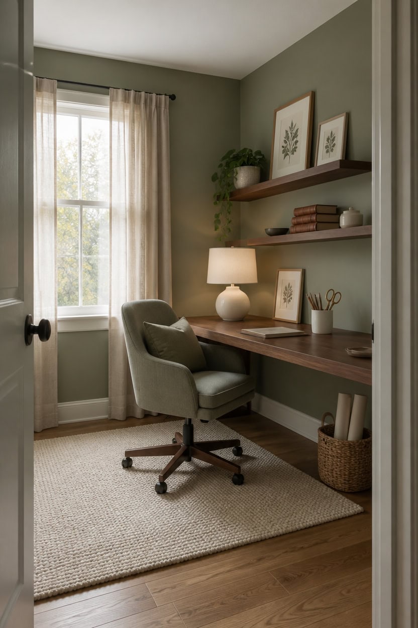 Bright home office with a desk, comfortable chair, and decorative wall art.