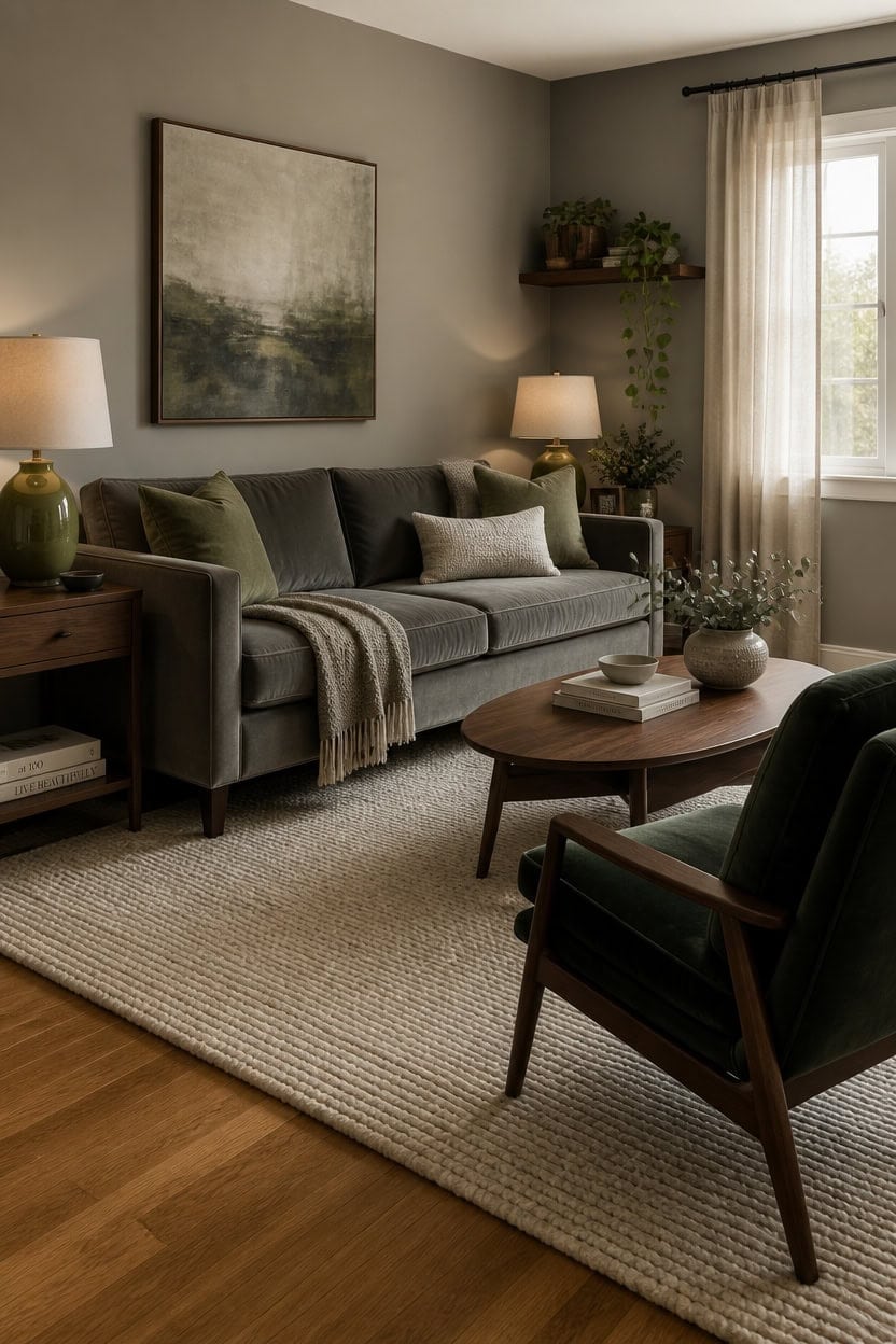 Elegant gray and green living room with natural light, modern decor, and comfortable seating for relaxing and entertaining.