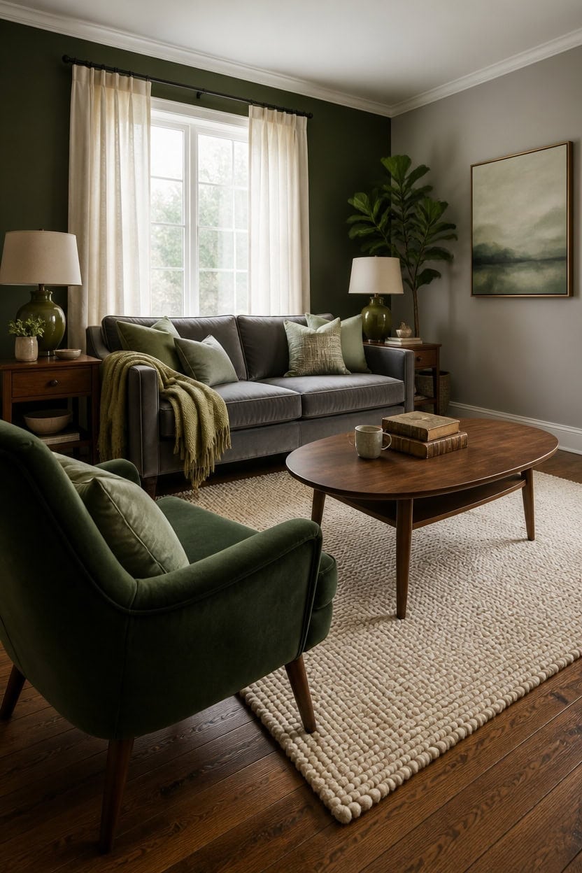 Bright living room with green and gray tones, featuring a comfortable sofa, armchair, and natural light for a relaxing ambian.