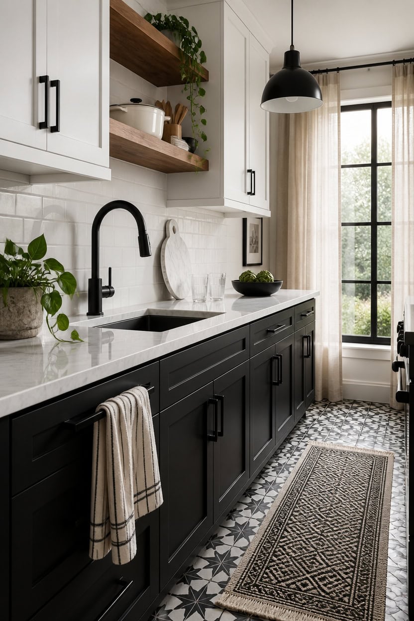 Bright kitchen featuring black lower cabinets, white upper cabinets, and natural light from large wi.