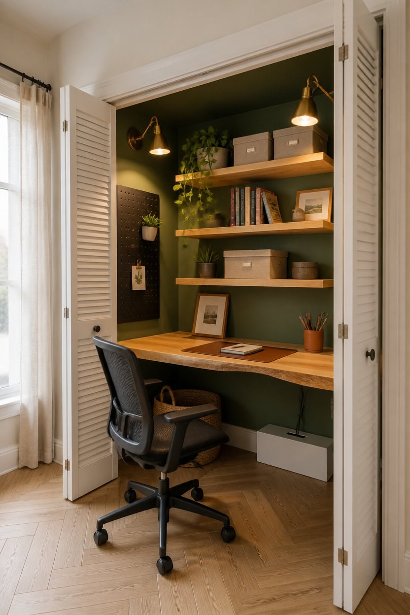 Compact home office setup with desk, shelves, and decor in apartment closet.