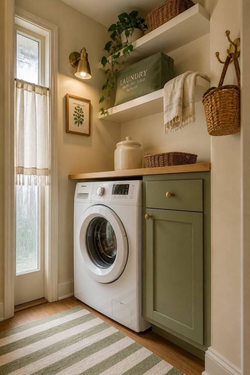 Laundry room with front-loading washer, green cabinet, and wall shelves in a bright, inviting space.