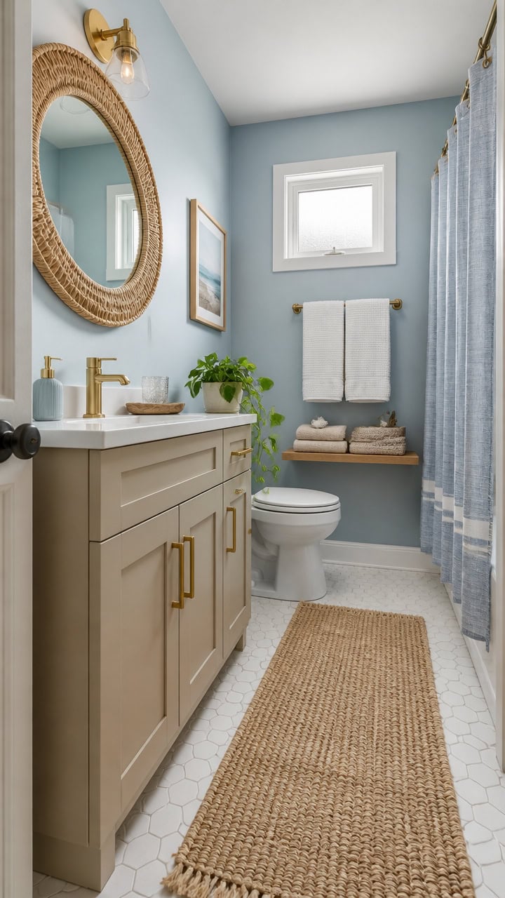 Bright bathroom featuring blue walls, a white vanity with gold fixtures, a round mirror, and cozy beige rug. Perfect for apar.