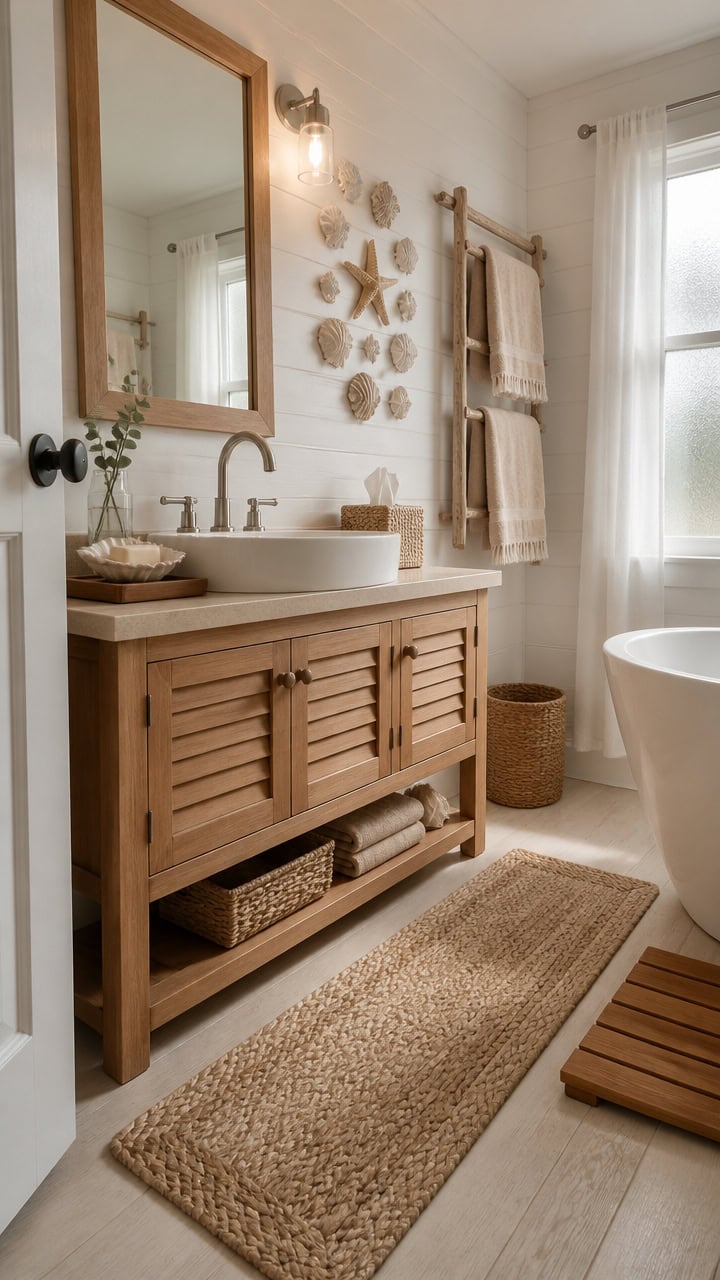 Bright bathroom featuring a wooden vanity, wall mirror, and natural decor accents. Perfect for a relaxing, stylish home envir.