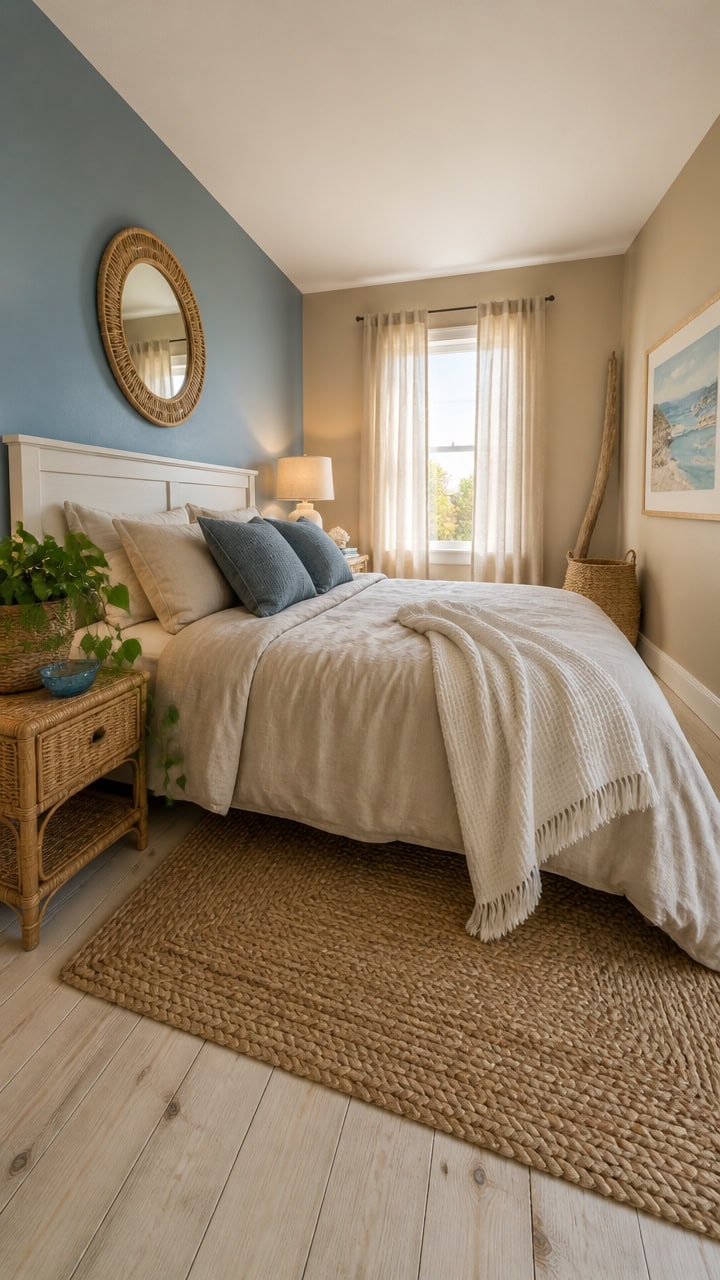 Bright and inviting bedroom with a large window, soft bedding, and stylish decor for a comfortable living space.